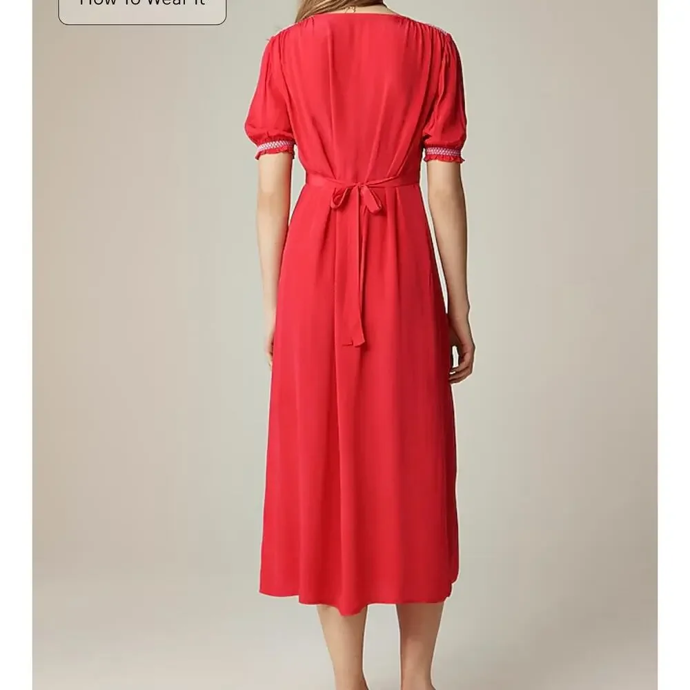 J.CREW 2025 Smocked Trim Midi Dress Crepe de Chine Red 8 M Peasant Boho Feminine